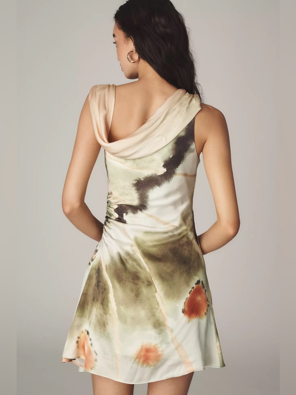Satin Draped Tie-Detail Mini Dress in Peach-Green Watercolor - Picture 5 of 8